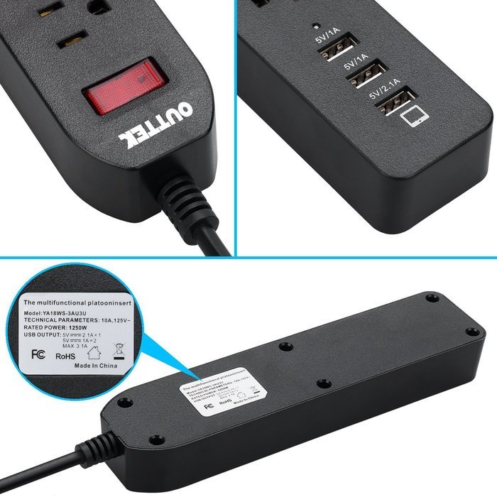 [New] Outtek 6-Outlet Fireproof Surge Protector 1625W/13A with 6 USB Ports (5V/2.4A*2 and 5V/1A*4) Charging Station... N18