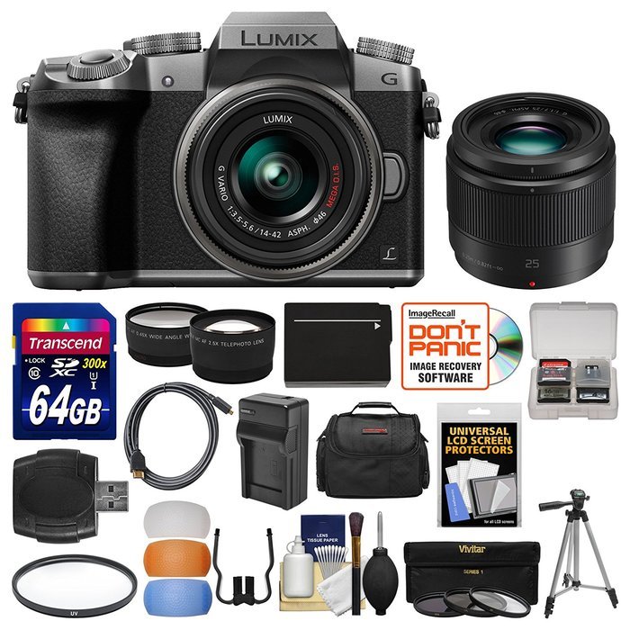 Panasonic Lumix DMC-G7 4K Wi-Fi Digital Camera & 14-42mm Lens (Silver) with 25mm f/1.7 Lens + 64GB Card + Case...