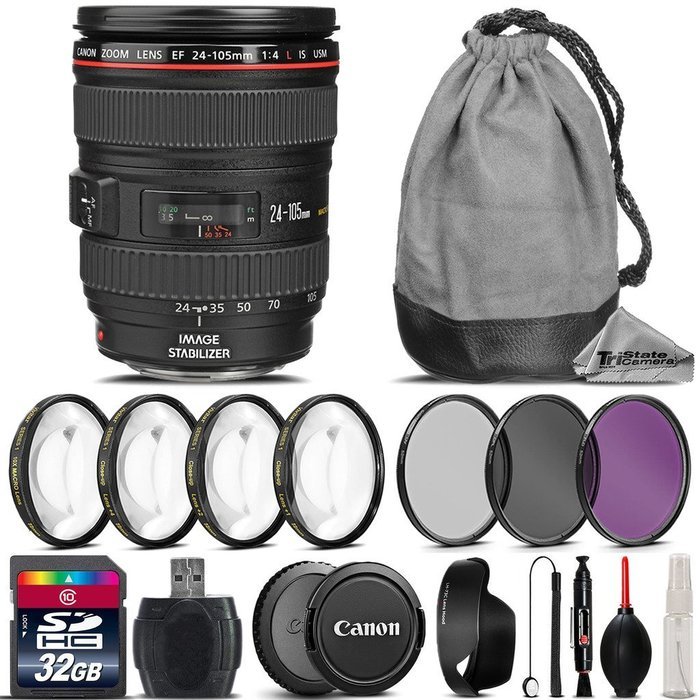 Canon 24-105mm IS USM Len + 4PC Macro Kit + UV-CPL-FLD Filters + 32GB Class 10 High-Speed Memory Card + Card Reader...