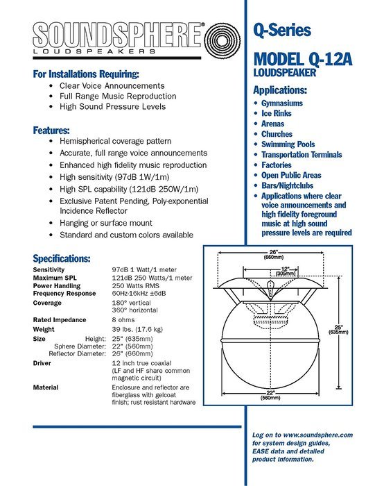 Soundsphere Q-12A Omnidirectional Loudspeaker in White, Hemispherical coverage pattern, Accurate, full range voice...