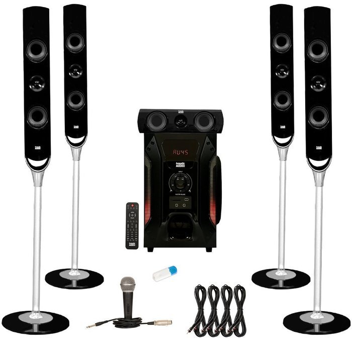 Acoustic Audio AAT1000 Tower 5.1 Speaker System with USB Bluetooth Mic and 4 Extension Cables N2