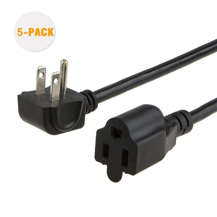 CableCreation [5-PACK] 1 Foot 16 AWG Angle Power Extension Cable Cord For NEMA 5-15R to NEMA 5-15P, 0.3M / Black