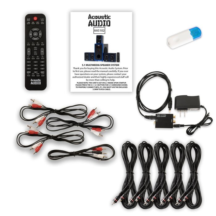 Acoustic Audio AA5102 Home 5.1 Speaker System with USB Bluetooth Optical Input and 5 Ext. Cables