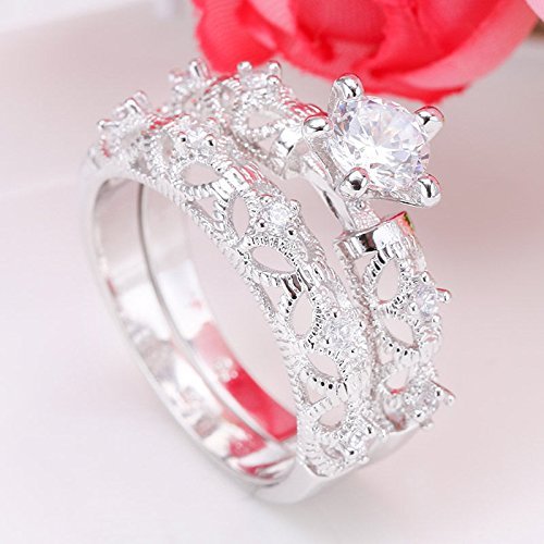 Chic Lovers Lady&lsquo;s 925 Silver White Topaz Handmade 2-in-1 Wedding Band Ring Set (8) N3
