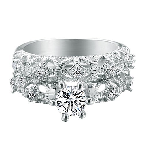 Chic Lovers Lady&lsquo;s 925 Silver White Topaz Handmade 2-in-1 Wedding Band Ring Set (8) N4