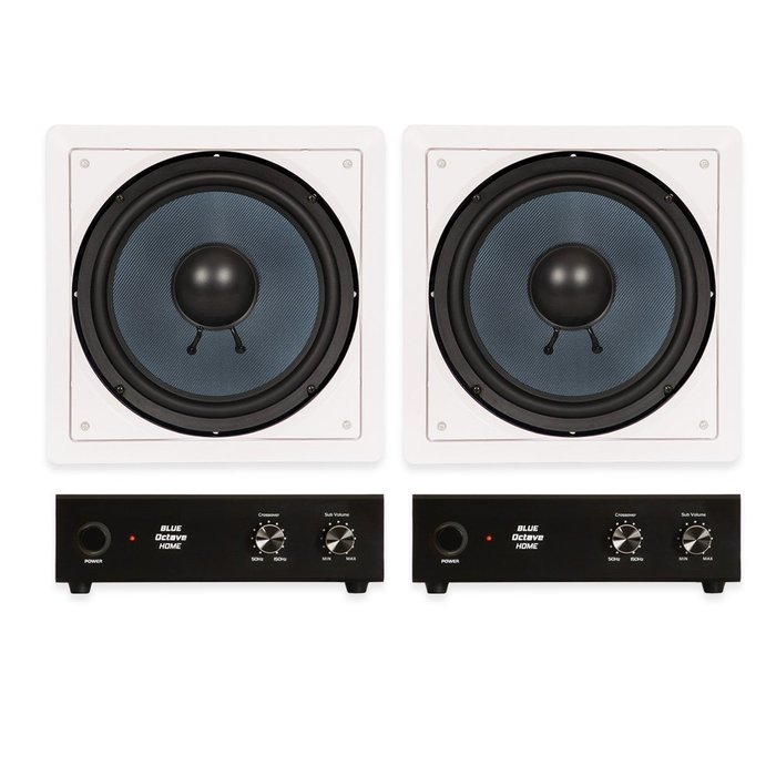 Blue Octave BDW10 In Wall 10" Passive Subwoofer Speakers Home Theater 2 Sub and 2 Amp Set