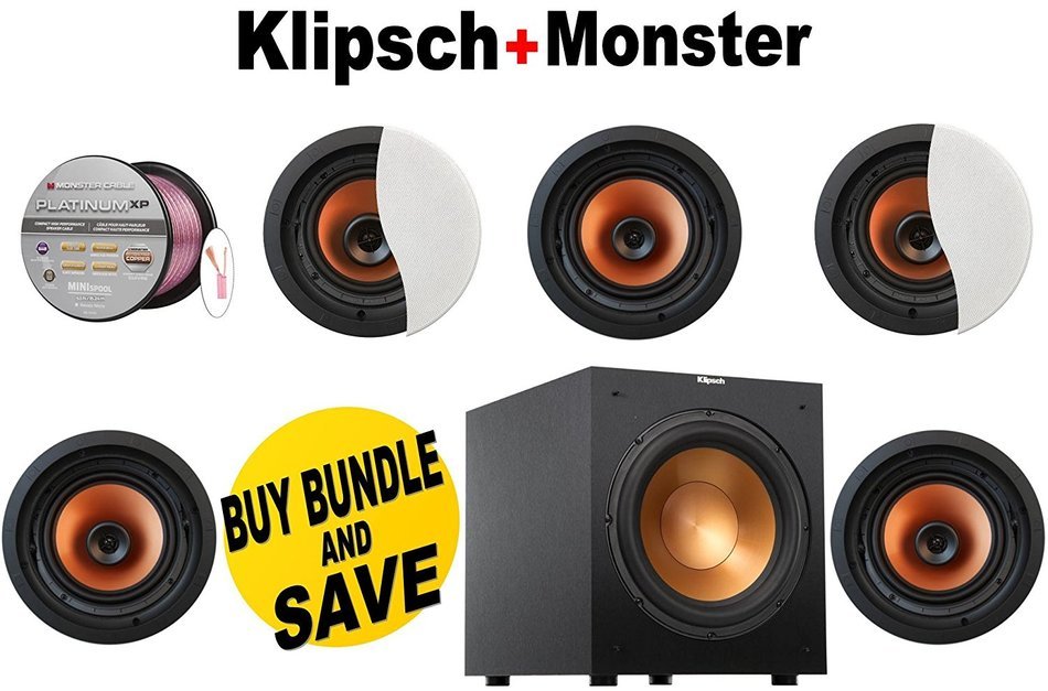 5 Klipsch CDT-5800-C II 8" In-Ceiling Pivoting Speaker + Klipsch R-12SW Powerful 12" 400 watts Subwoofer + Monster...