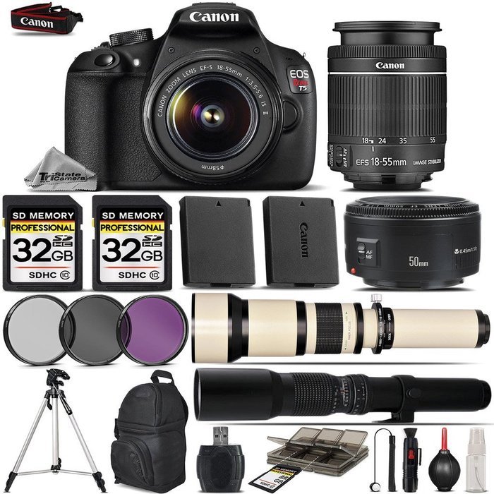 Canon EOS Rebel T5 DSLR Camera + Canon 18-55mm IS Lens + Canon 50mm 1.8 Lens + 650-1300mm Zoom Lens + 500mm Telephoto...