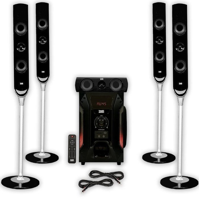 Acoustic Audio AAT1000 Tower 5.1 Home Speaker System with Powered Sub and 2 Extension Cables N2