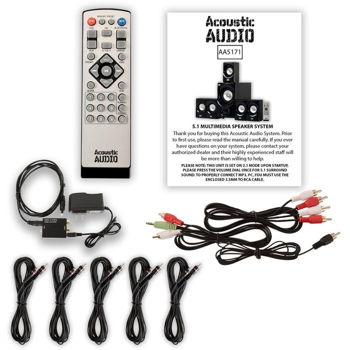 Acoustic Audio AA5171 Home 5.1 Bluetooth Speaker System with Optical Input and 5 Extension Cables