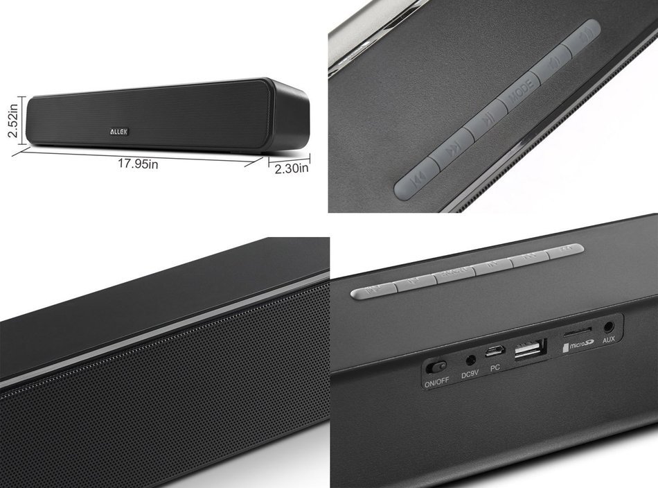 ALLEK&reg; 18-Inch 2*5W Wireless Sound Bar Bluetooth 4.0 Speaker with Remote Support Aux-in FM USB Micro SD N3