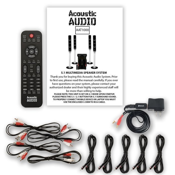 Acoustic Audio AAT1000 Tower 5.1 Home Speaker System with Bluetooth and 5 Extension Cables