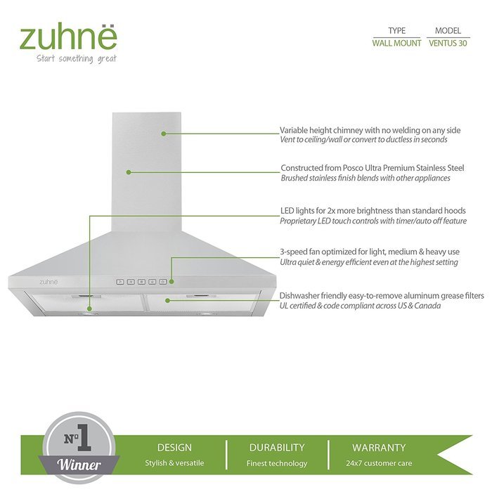 Zuhne Ventus 30 inch Kitchen Wall Mount Vented/ Ductless Stainless Steel Range Hood or Stove Vent with Energy... N2