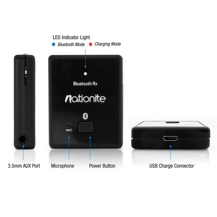 Nationite RX41 Portable Bluetooth Audio Receiver w/Built-in Battery - Stream From Your iPhone or Other Bluetooth...