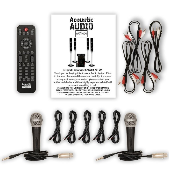 Acoustic Audio AAT1000 Tower 5.1 Speaker System with 2 Mics Powered Sub and 5 Extension Cables
