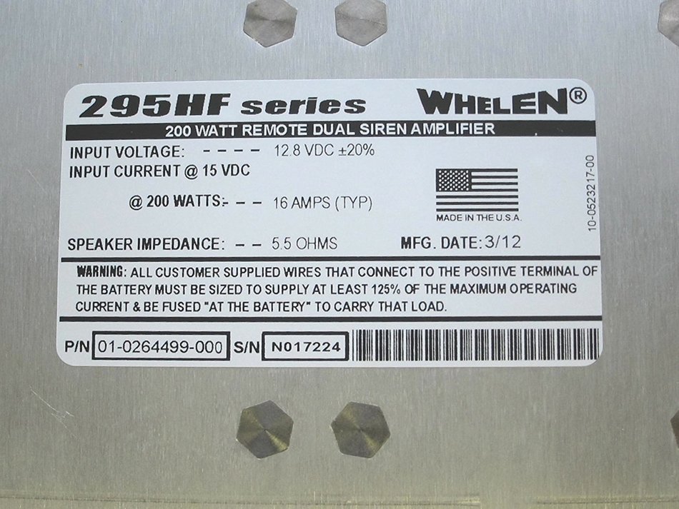 Whelen 295HFSA7 295 Series Siren & Amplifier Kit 100w Dual Amp w/12 Tones 01-0464499-00 N6