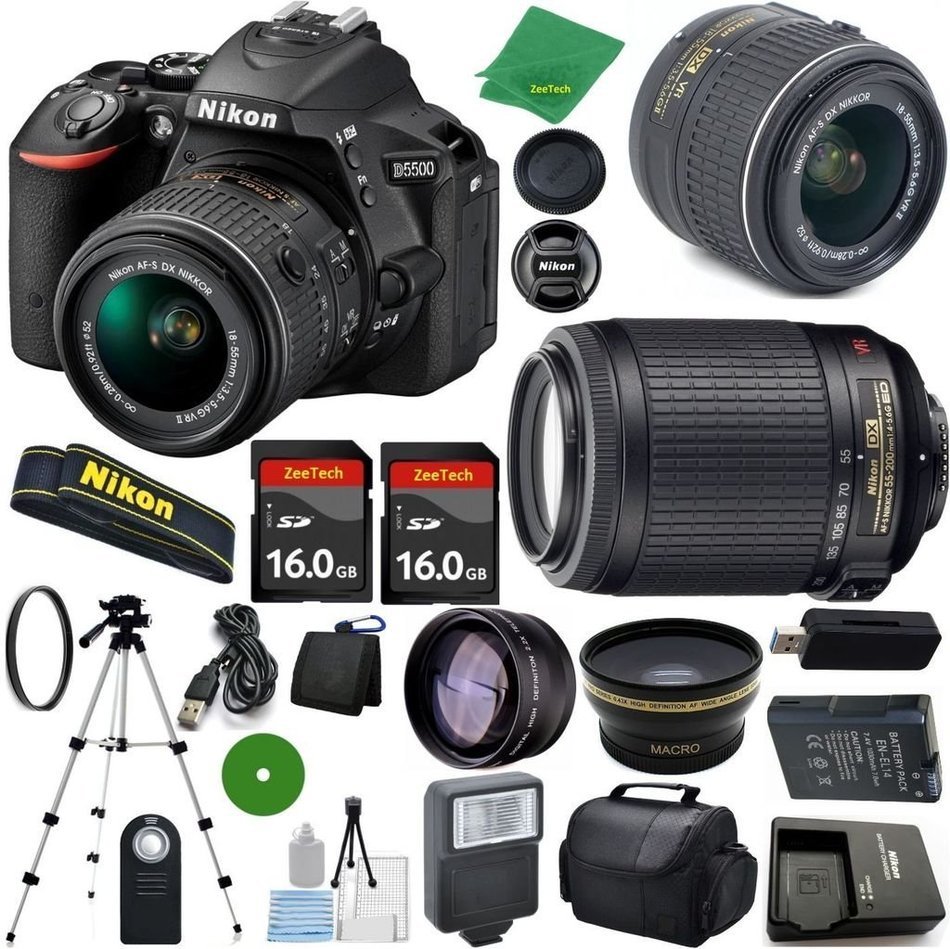 Nikon D5500 International Version - No Warranty, Nikon 18-55mm VR Lens, Nikon 55-200mm f4-5.6G ED VR, 2pcs 16GB...