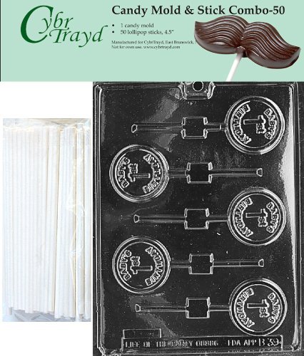 Cybrtrayd 45St50-B039 Baby's 1st Birthday Lolly Chocolate Candy Mold with 50 Cybrtrayd 4.5" Lollipop Sticks