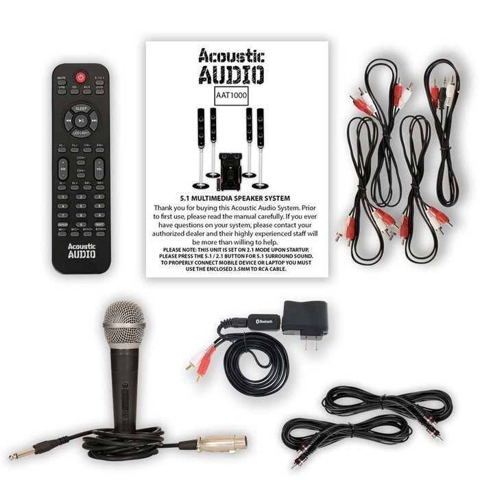 Acoustic Audio AAT1000 Tower 5.1 Speaker System with Bluetooth Mic and 2 Extension Cables N2
