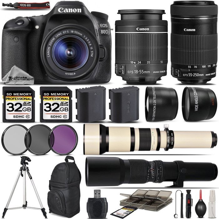Canon EOS 80D Digital SLR Camera + Canon 18-55mm STM Lens + Canon 55-250mm STM Lens + 650-1300mm Zoom Lens + 500mm...