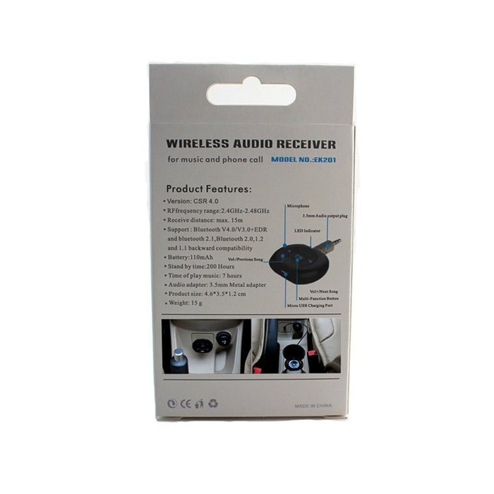 Generic EK201 Bluetooth Audio Receiver with battery and Mic,Support Hands-free for Calls and Music with CSR 4.0