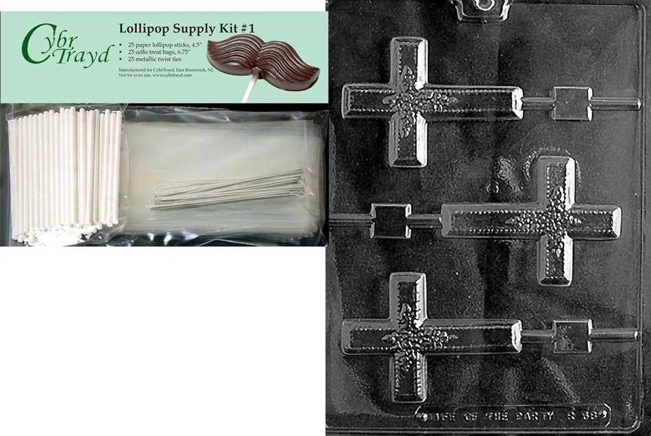 Cybrtrayd R068 Large Cross Lolly w/ Flowers Chocolate Candy Mold with Exclusive Cybrtrayd Copyrighted Chocolate... N3