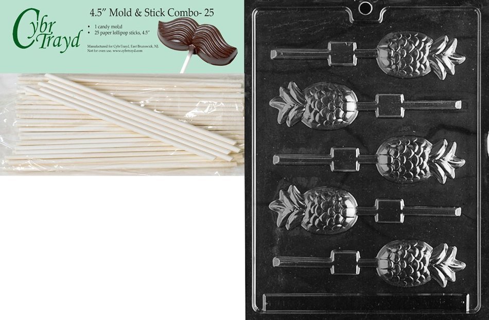 Cybrtrayd Pineapple Lolly Fruits and Vegetables Chocolate Candy Mold with 25 4.5-Inch Lollipop Sticks