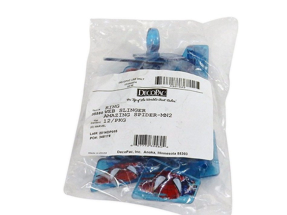 Spiderman Web-Slinger Rings, 12 Pack Cupcake Toppers, Two Designs, Party Favors.
