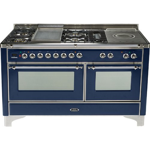 Ilve UM150FSDMPBLX 60" Dual Fuel Range with Griddle French Top 6 Semi-Sealed Burners Multi-Function Convection...