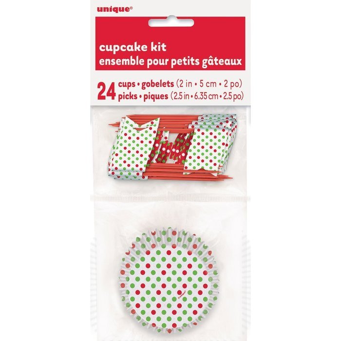 Red and Green Polka Dot Holiday Cupcake Kit for 24