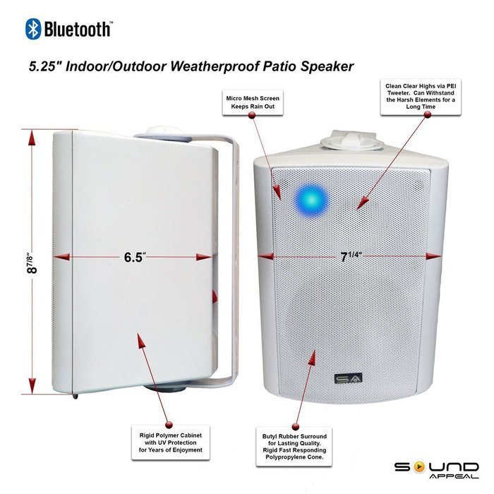 Bluetooth 5.25" Indoor/Outdoor Weatherproof Patio Speakers (White- pair)-by Sound Appeal
