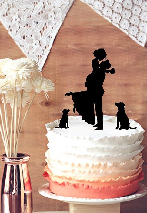 Buythrow Unique Wedding Cake Topper Bride and Groom Silhouette with 2 Dog