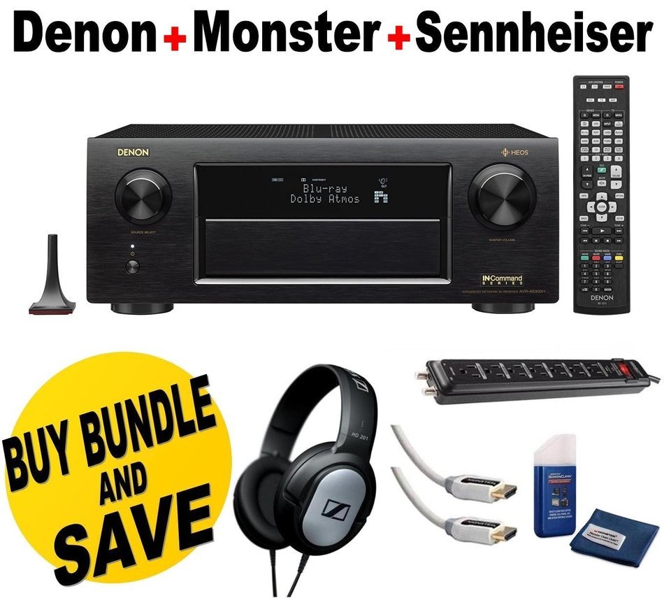 Denon Receiver Audio & Video Component Receiver,Black (AVRX6300H) + Sennheiser HD201Headphones + Monster Home...