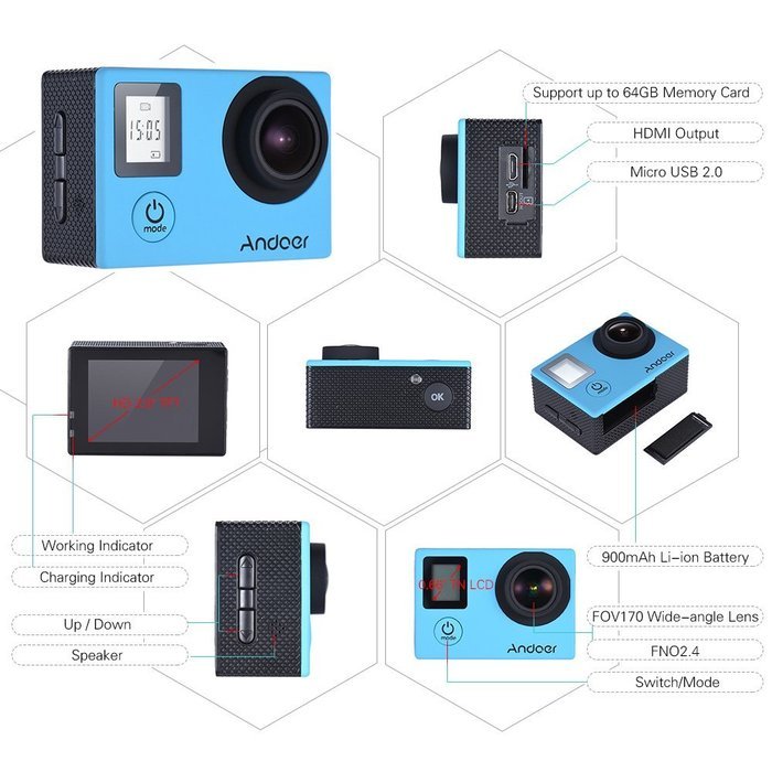 Andoer 4K 30fps/1080P 60fps Full HD 16MP Action Camera Waterproof 30m WiFi 2.0"LCD Sports Helmet Bike DV Cam Camcorder... N20