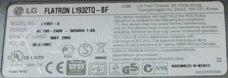 Repair Kit, LG Flatron L1932TQ-BF, LCD Monitor, Capacitors, Not the Entire Board