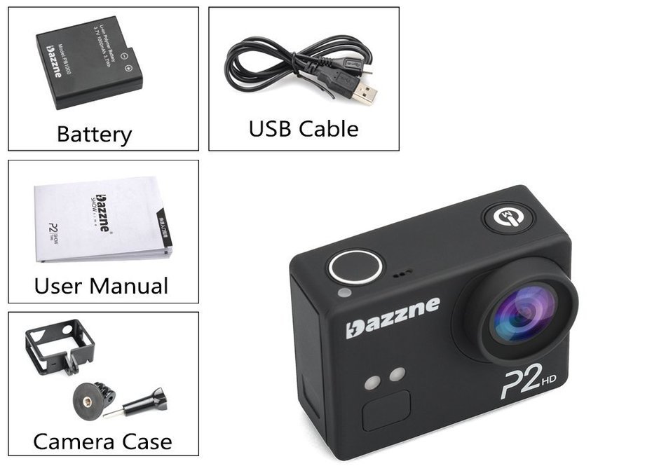 Dazzne P2 Sports Action Camera - 2 Inch TFT Screen, 130 Degree Wide Angle Lens, 1080P, 1/3 inch CMOS Sensor, 12MP