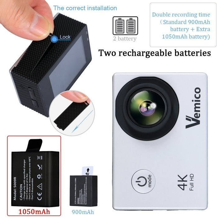 Vemico Action Camera 4K30FPS 16MP WIFI 2.0 Inch Screen Waterproof Sports Helmet Cam with Extra 1050 mAh Battery... N12