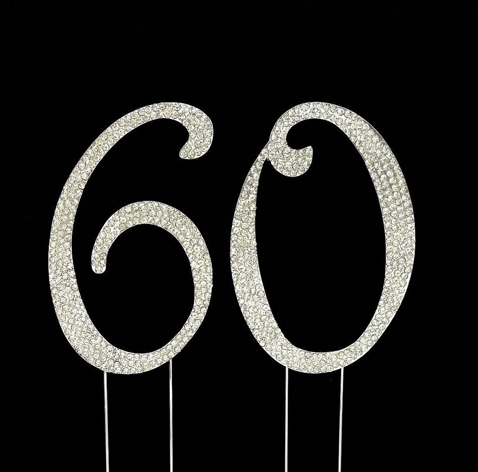 Large 60th Birthday / Wedding Anniversary Number Cake Topper with Sparkling Rhinestone Crystals - 5 Inches Tall