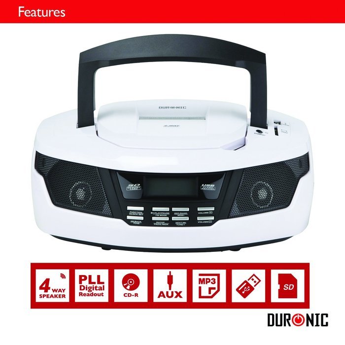 Duronic RCD99W White CD Player 4-way speaker Boombox with Clock, Radio, Flash memory and SD card MP3 Playback,... N7
