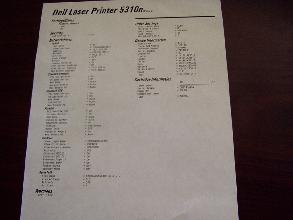 Dell 5310n Printer W/Toner, Network, & Prints P.C. 61,013 N6