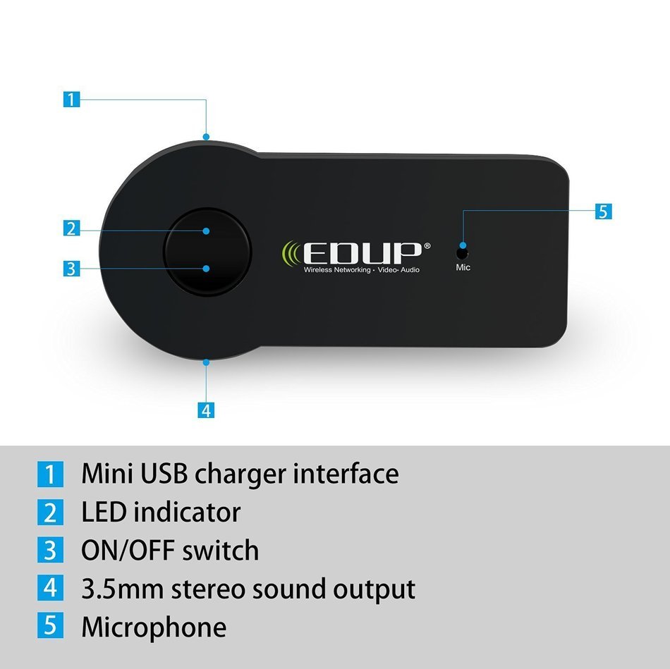 EDUP Portable bluetooth 4.0 Wireless Audio Receiver with Built in Microphone Car Kit