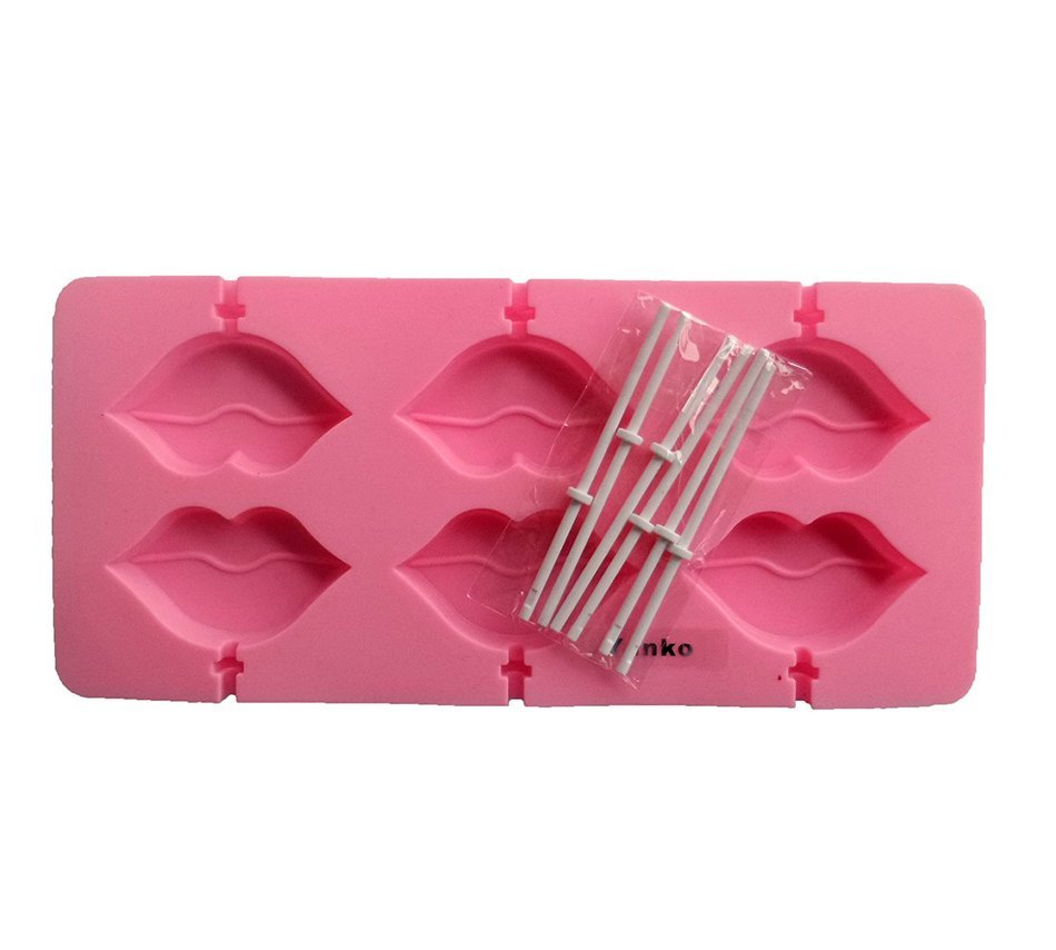 Yunko 6 Cavity Red Lips Shape Lollipop Silicone Chocolate Candy Mold with Sticks N2