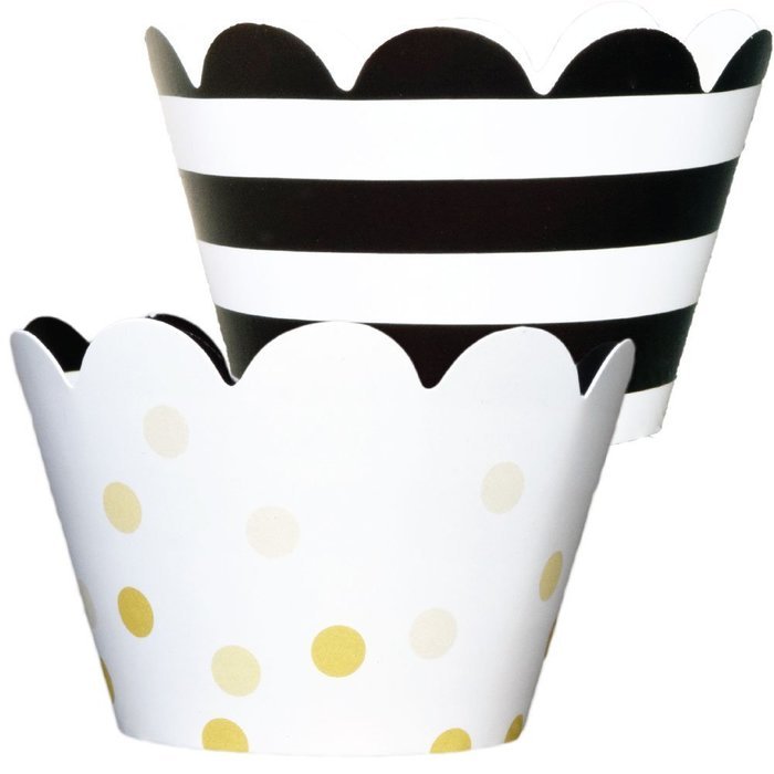 Mini Wedding Cupcake Wrappers, Gold Ombre Dots, Black and White Stripe, Confetti Couture Party Supplies, 24 Wraps