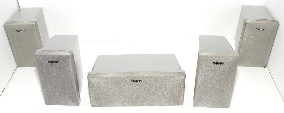 5 Piece SONY SURROUND SOUND SPEAKERS - 2 Front + 2 Rear + Center - silver color, Aluminum, 100W
