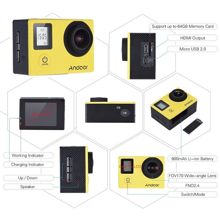Andoer 4K 30fps/1080P 60fps Full HD 16MP Action Camera Waterproof 30m WiFi 2.0"LCD Sports Helmet Bike DV Cam Camcorder... N22