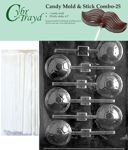 Cybrtrayd 45St25-S019 Soccer Ball Lolly Chocolate Candy Mold with 25 Cybrtrayd 4.5" Lollipop Sticks