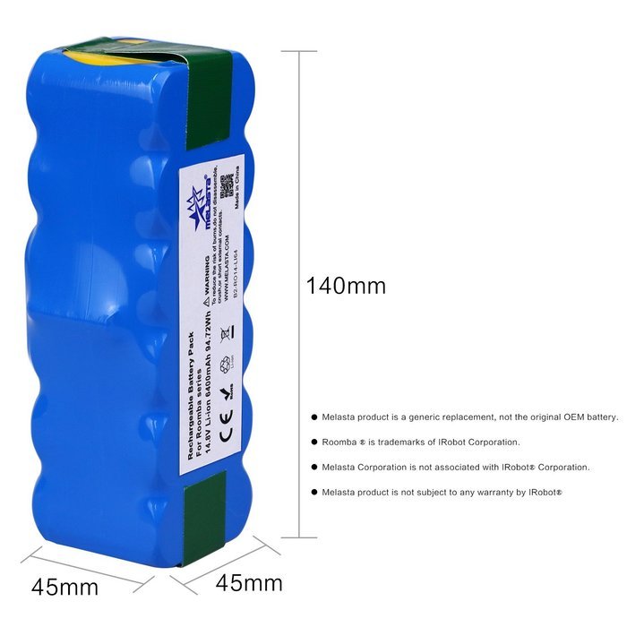 Melasta Higher Power 6400mAh 14.8V Li-ion Replacement Battery Made of Panasonic Cells for iRobot Roomba 500 600... N7