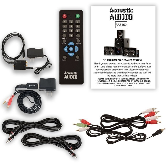 Acoustic Audio AA5160 Home 5.1 FM Speaker System Bluetooth Optical In 2 Ext. Cables AA5160BD-2 N2