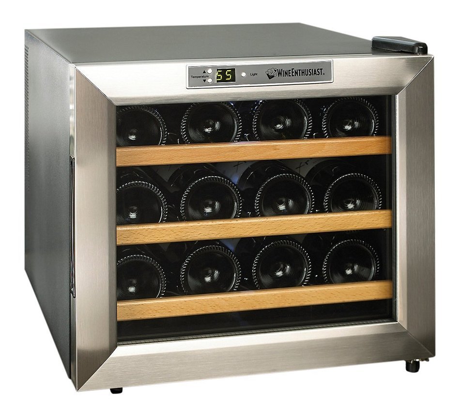 Wine Enthusiast 272 02 13W Stainless Steel/Wood Shelves Silent 12-Bottle Wine Cooler, Stainless