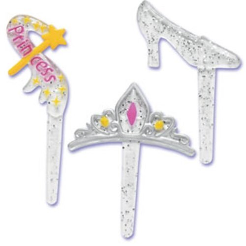 24 Count Princess Glitter Cupcake Picks Toppers Party Supplies Tiara Slipper Wand